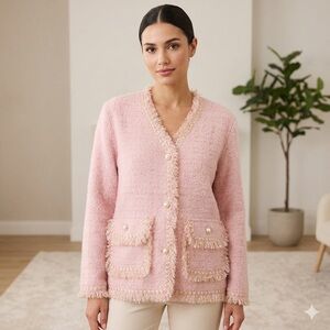 S. Christina Pink Tweed Knit Cardigan Jacket - NWT - Shaggy Fringe Trim - S/M